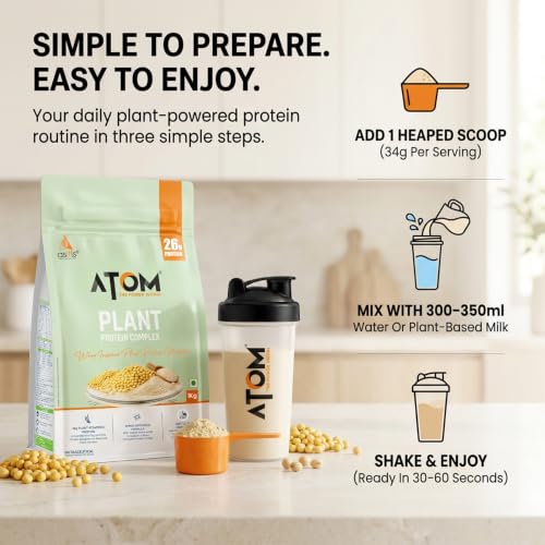 Image of AS-IT-IS ATOM Plant Protein Complex: 26g Protein,1 Kg, Cafe Latte - Clean, Easy to Digest | Complete Protein with Added Amino Acids, Ashwagandha & DigeZyme