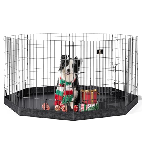 PJYuCien Dog Playpen, 8 Panels 30’’H Dog Pens Indoor with Bottom Pad, Metal Foldable Pet Puppy Exercise Fence Crate Kennel, Better for Small Animals,Black