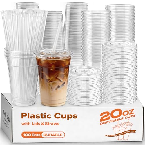 PODJULFA 100 Pack 20oz Plastic Cups with Lids and Straws Clear Disposable Plastic Cups Heavy Duty Iced Coffee Cups with Leak-Resistant Lids Cold Drink Cups for Smoothies Juice Soda & Party To Go