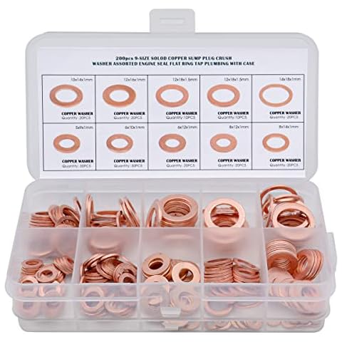 Famgee 200 Pcs Copper Washers Engine Seal Flat Ring Gasket Fastener Metric Sealing Washer Assortment Set - 9 Sizes Cover