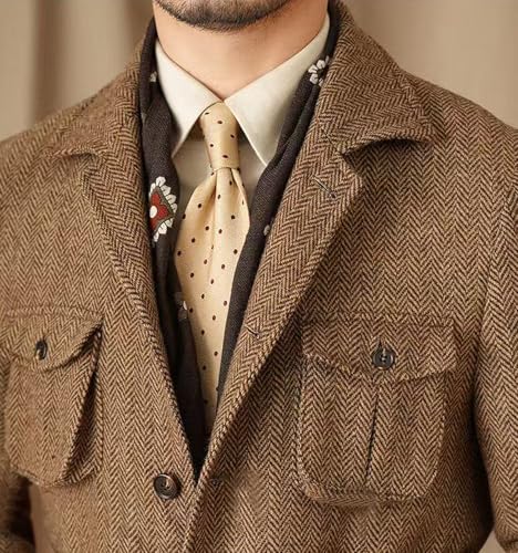 Men's Herringbone Tweed Blazer Vintage Three Button Sport Coats Wool Blend Classic Coat with Four Pockets2