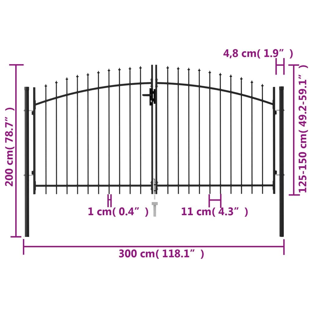 Générique Portillon Double Porte avec Dessus à Pointe Acier 3x1,5 m Noir,Clôtures & barrières,Portillons-146028