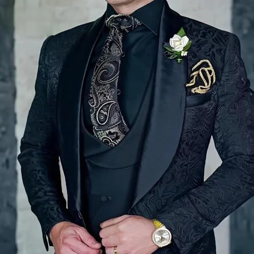 Men's Suit 3 Piece Jacquard Shawl Lapel Set Slim Fit Formal Tuxedo with Jackets Vest Pants for Wedding3