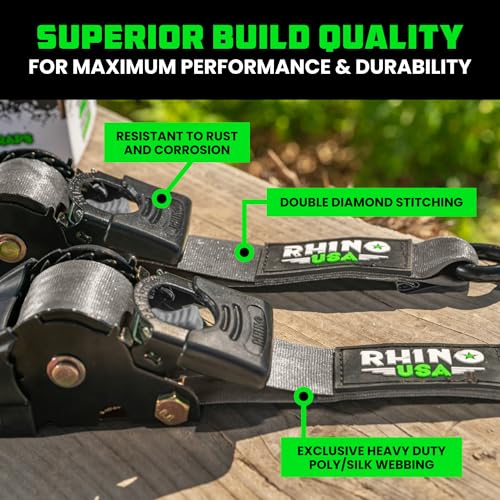 Image of Rhino USA Retractable Ratchet Straps (2-Pack) - 2 Inch x 10 Feet (3,033lb Break Strength) - Heavy Duty Auto Self Retracting Tie Down Straps for Truck, Cargo Trailer, Motorcycle, Rad & More - Gray