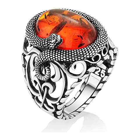 925 Sterling Silver Amber Stone With 3d Snake Figure Patterned Special Design Gotic Vintage Men's Ring (V) Cover