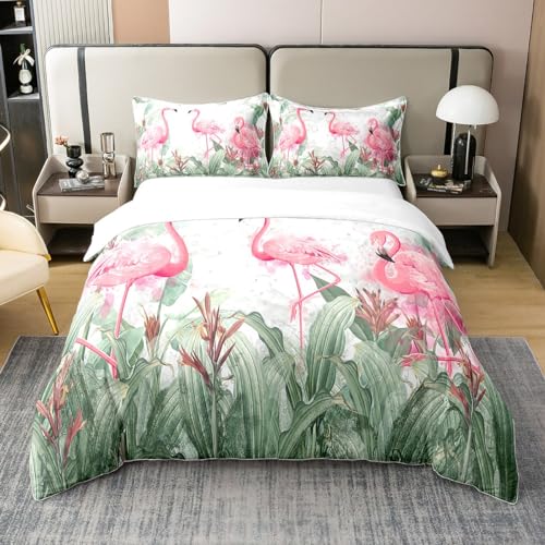 Flamingo Duvet Cover 100% Cotton Tropical Flamingo Pattern Bedding Set For Girls Women Animal Decor Tropical Palm Leaf Comforter Cover Set Bird Print Bedspread Cover Zipper King