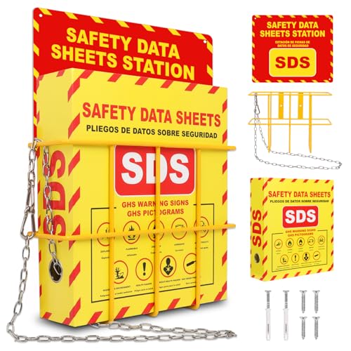 SDS MSDS Binder and Wall Station Bilingual Yellow 2 Inch Safety Data Sheet 3 Ring Binder with SDS Wire Rack Chain Self-tapping Screws SDS Station Sign Wall Mounted for Workplace English Spanish