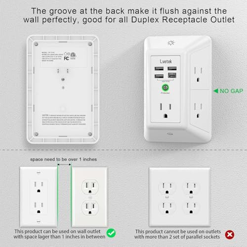 Multi Plug Outlet Surge Protector - Lvetek 3-Sided Power Strip with 5 Outlet Extender and 4 USB Ports(1 USB-C) and Night Light, USB Wall Charger for Home, Office, Travel, ETL Listed, White