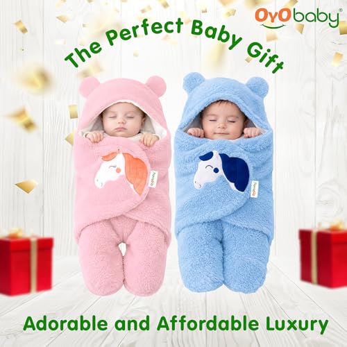 Image of OYO BABY Newborn Blanket Combo Pack of 2 | Hooded Sleeping Bag & Baby Wrapper Set | Super Soft Micro Fleece | Lightweight Yet Warm | Daily Use | 0-6 Months | Pink & Blue