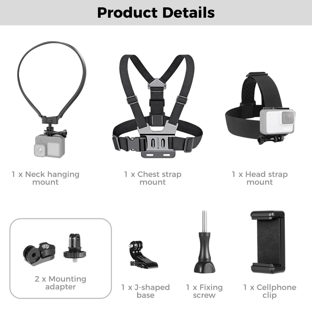Lot de 3 Supports pour caméra de Sport et Smartphone, Harnais de Poitrine, Bandeau de tête et Tour de Cou pour vlogging, kit POV Mains Libres Compatible avec Hero, Insta360, Xiaomi et téléphones