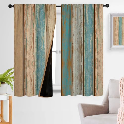 zokyer 100% Blackout Teal and Brown Bedroom Curtains, 2 Panels 42x63 Inch Fabric Rod Pocket, Rustic Farmhouse Striped Wood Grain Print, for Vintage Western Country Window