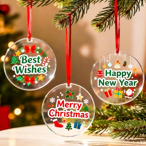 Joyclub 25 Pcs 3'' Acrylic Ornaments Blanks Bulk Clear Round Christmas Ornaments with Holes Plastic Circles for Xmas Tree Decor Vinyl Engraving Painting DIY Craft Gift Tag Holiday Hanging Or