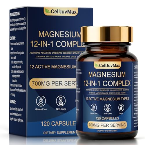 Magnesium 12-in-1 Complex Supplement 700mg High Absorption Magnesium Glycinate Citrate Malate & Taurate Blend for Muscle Nerve Sleep Support 120 Vegan Capsules for Women & Men (1)