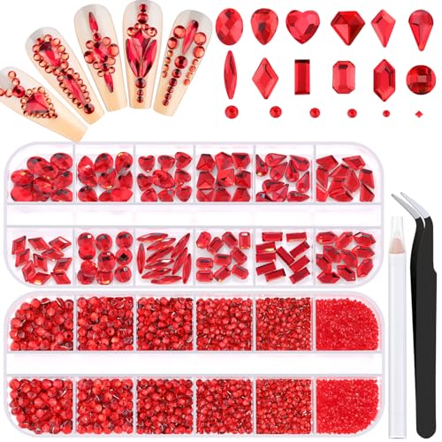 2680Pcs Red Glass Nail Rhinestones 120Pcs Multi Shapes Flatback Nail Gems + 2560Pcs 1.5-4mm Round Crystal Manicure Nail Charms Diamond Gemstones for Acrylic Nails Decoration