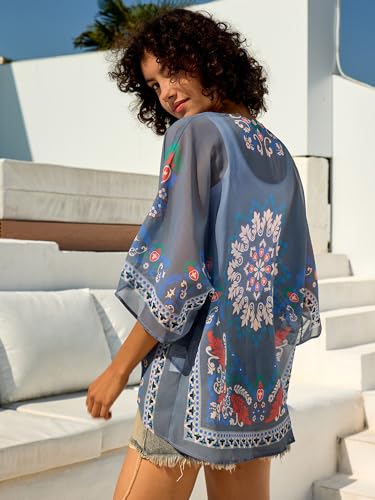 Image of Chunoy Women Summer Casual Open Front Blouse Top Lightweight Chiffon Kimono Beach Wear Cover Up Grey XX-Large