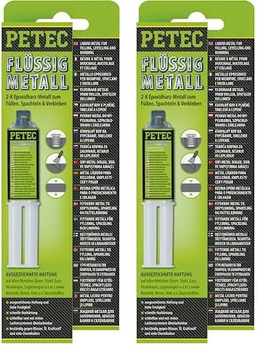 Petec Flüssigmetall 2 Komponenten Kleber Metall Epoxidharz. 2K Metallkleber hochfest 25 ml ohne Mischrohr. Zwei Komponentenkleber für Kunststoff, Holz, Keramik, Stahl, Eisen und Beton (Packung mit 2)