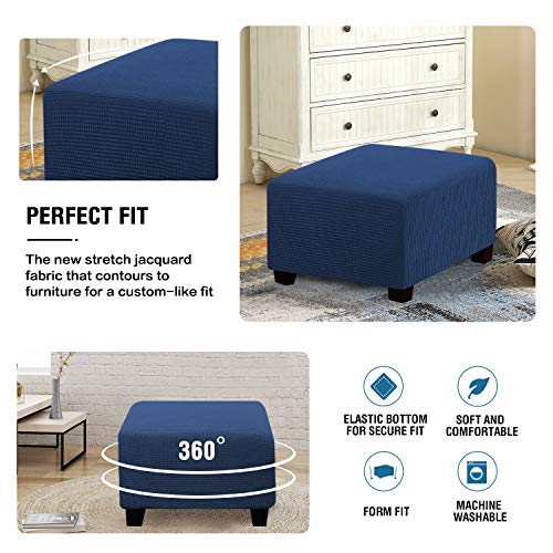 Image of H.VERSAILTEX Square Ottoman Covers Ottoman Slipcovers Folding Storage Stool Furniture Protector Form Fit with Elastic Bottom, Stretch High Spandex Small Checks Jacquard Fabric(Large,Navy)