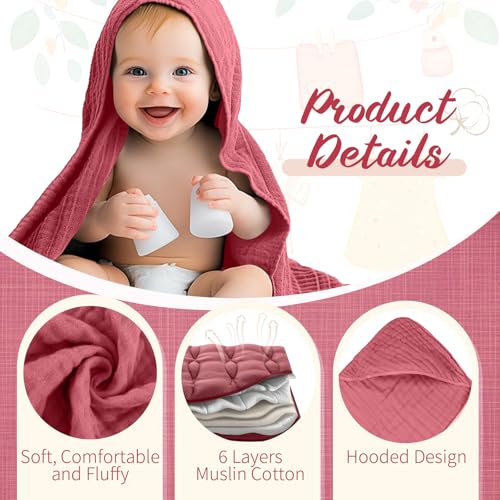 Image of VitalCozy 8 Pcs Baby Muslin Hooded Bath Towels and Washcloths, Muslin Hooded Baby Towels Absorbent Blankets for Gift Newborn Infant Shower (Vivid Color)