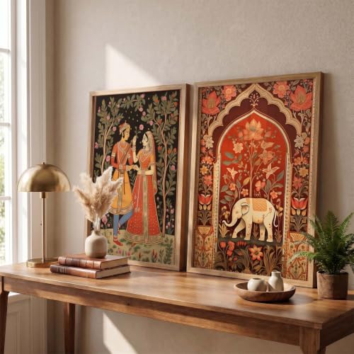 Image of kotart Traditional Indian Wall Art Painting Set of 2 | Rajasthani Folk Couple & Elephant Floral Design | MDF Wooden Framed Wall Decor for Living Room, Bedroom & Home (Art 1, 25x37 Inch)