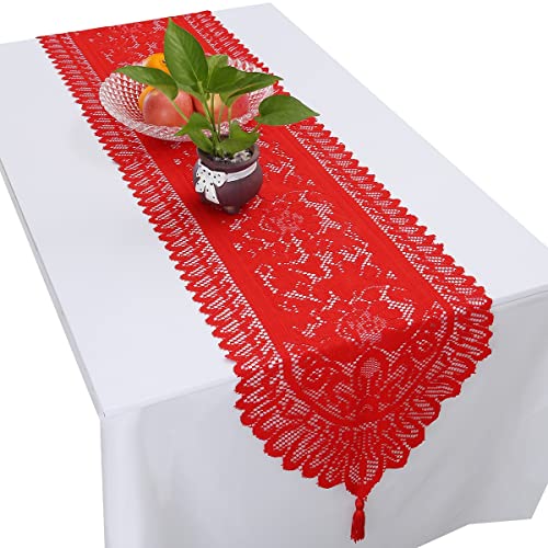 KYEYGWO Hollow Lace Table Runners Elegant Mesh Tablecloth Vintage Macrame Table Cover with Tassels for Rustic Boho Wedding Reception Decoration Bridal Showers