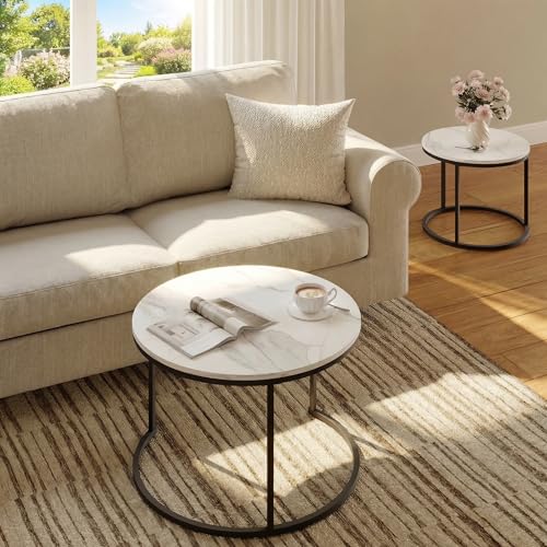 Image of Round Coffee Tables for Living Room,Set of 2 (Marble)