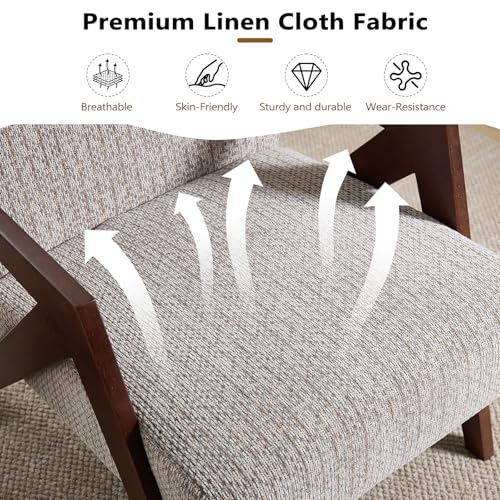 Bonzy Home Mid-Century Modern Accent Chair Set of 2 with Solid Wood Frame, Upholstered Armchair for Bedroom & Living Room,Reading Side Chair with Soft Lien Fabric Cushion,Easy Assembly,Beige - Image 4