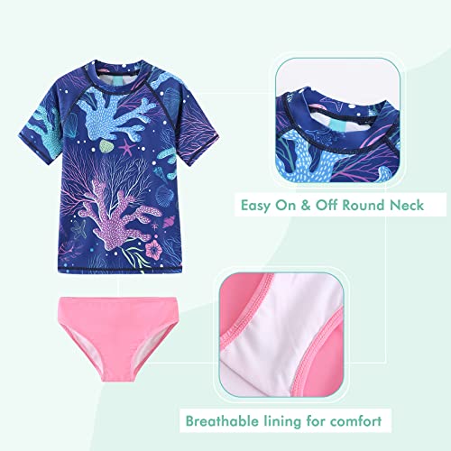 Image of Girls 3 Piece Rash Guard Swimsuits Set for Girls Short Sleeve Bathing Suits Hawaiian Swim Set 3-16 Years