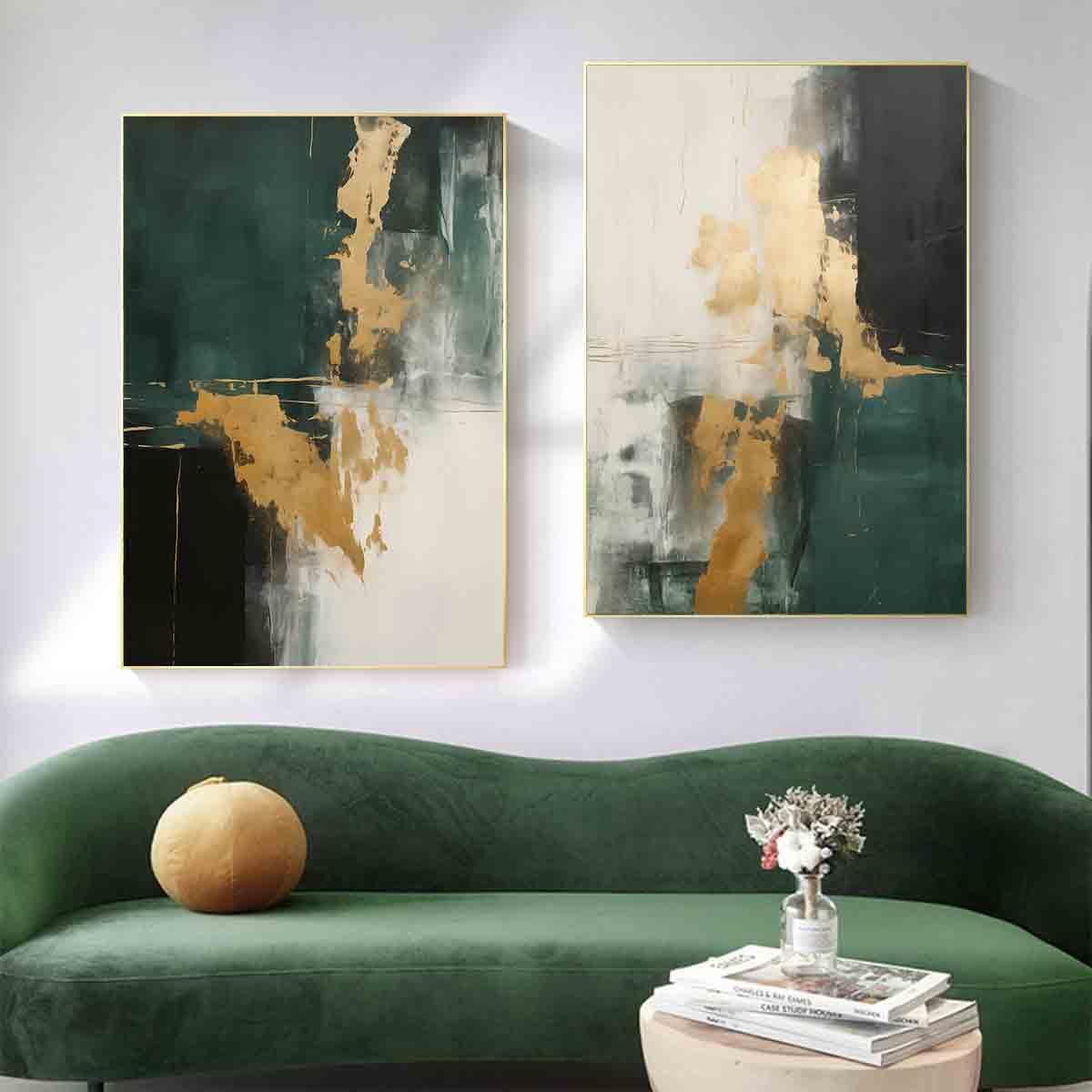 Green And Gold Abstract Wall Art Dark Green And Black Abstract Canvas Wall Art Emerald Green Pictures Gold Foil Artwork Black Gold Green Painting Modern Abstract Room Decor 16x24inx2pcs No Frame - Image 2
