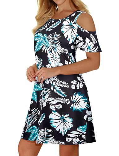 Image of Misyula Style Womens Summer Cold Shoulder Floral Flowy T-Shirt Dress with Pockets