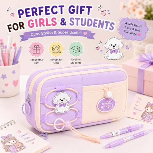 Image of Canvas School Bag Pencil Case, 3 Layer 6 Compartment Large Capacity, Aesthetic Pencil Pouch for Stationary, Cute Stationery for Kids, Pencil Case for Girls & Boys (Nice Day Purple)