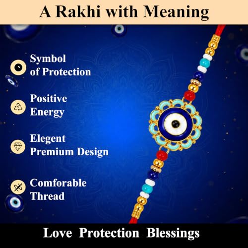 Image of SWAGSTATION Rakhi Gift for Brother, Evil Eye Rakhi with Guardian Bell Evil Eye Keychain, Love You Bro Fridge Magnet, Greeting Card, Roli Chawal & MDF Gift Box, Raksha Bandhan Gift Set