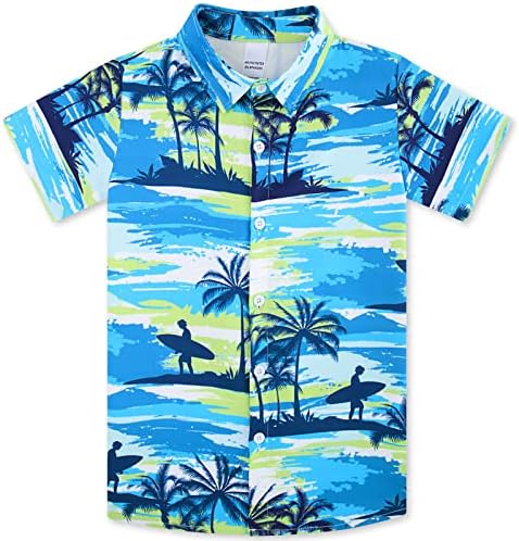 Little & Big Boy’s Button Down Hawaiian Shirts Short Sleeve Cool Cartoon Print Dress Tops T-Shirt for Kids 7-14T