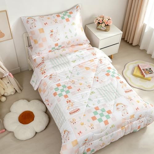 Image of SWESEN Toddler Bedding Set for Girls, Toddler Girls Bedding Set, Soft & Lightweight 4 Piece Toddler Comforter Sets Include Comforter, Flat Sheet, Fitted Sheet, Pillowcase, Elephant