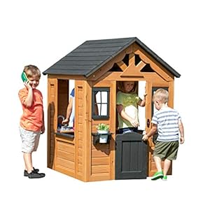 Backyard Discovery Sweetwater Cedar Wooden Kids Playhouse Cottage with Play Kitchen, Snack Bar, Half Door, Toy Phone, Windows, Flowerpot Holders, and Working Doorbell for Outdoor Imaginative Play