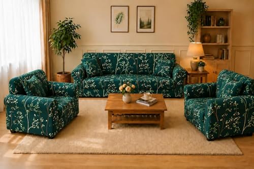 Image of Gifts Island Sofa Cover 3 Seater and 2 Seater Fully Covered Universal 5 Seater Sofa Cover Non-Slip Sticky Elastic Stretchable Sofa Set Slipcover Protector for (3+1+1 Seater) (Green Stem)