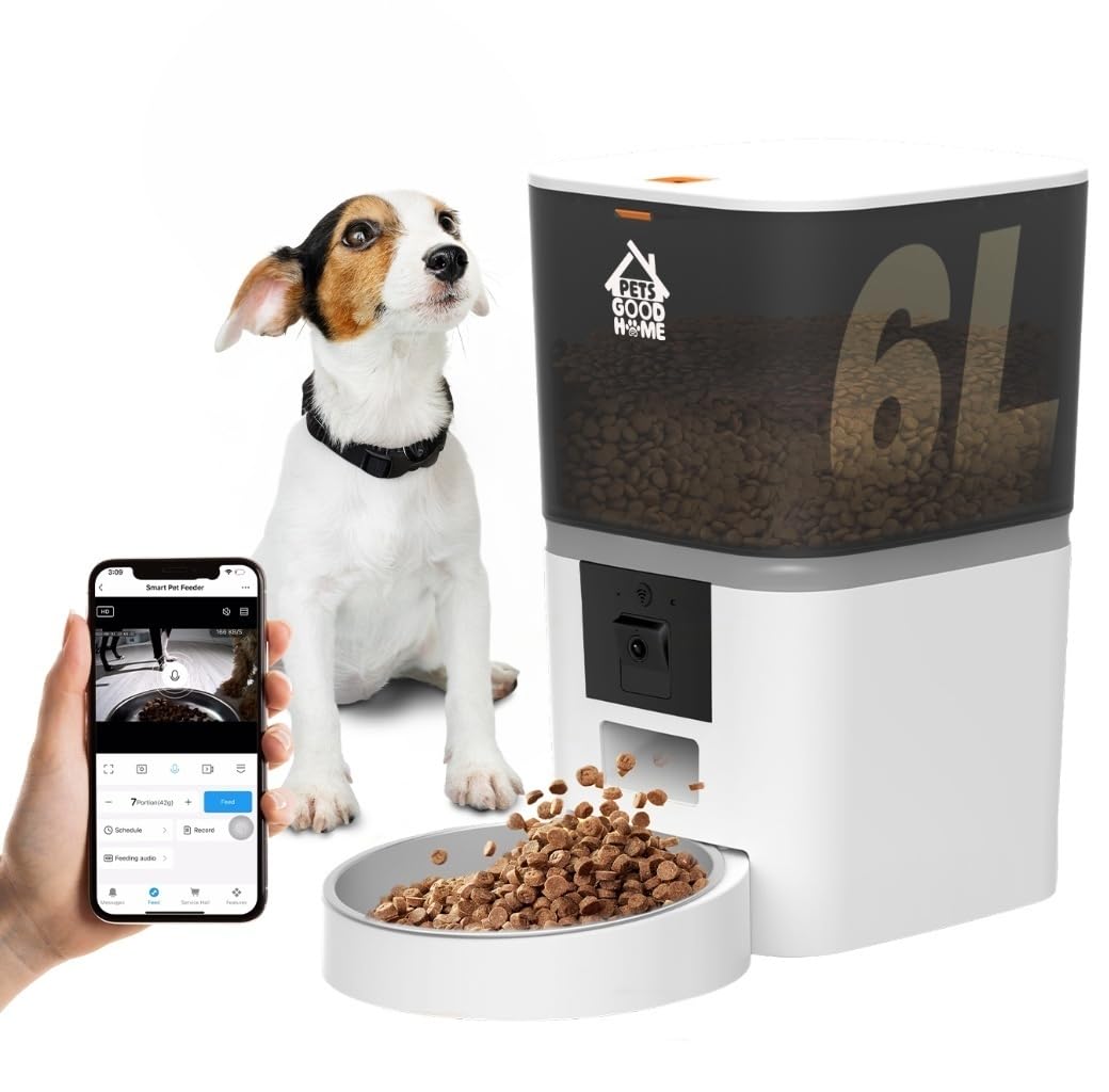 6L Automatic Cat Feeder with Camera – WiFi Smart Pet Feeder for Cats & Dogs, HD Video with Night Vision, App Control, 2-Way Audio, Portion Scheduling – White