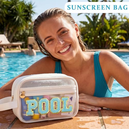 Image of COSHAYSOO Clear POOL Makeup Bag Small Travel Pouch for Women Teenager Girls Pool Accessories Stuff Organizer Preppy Chenille Letter Patch Summer Girly Things