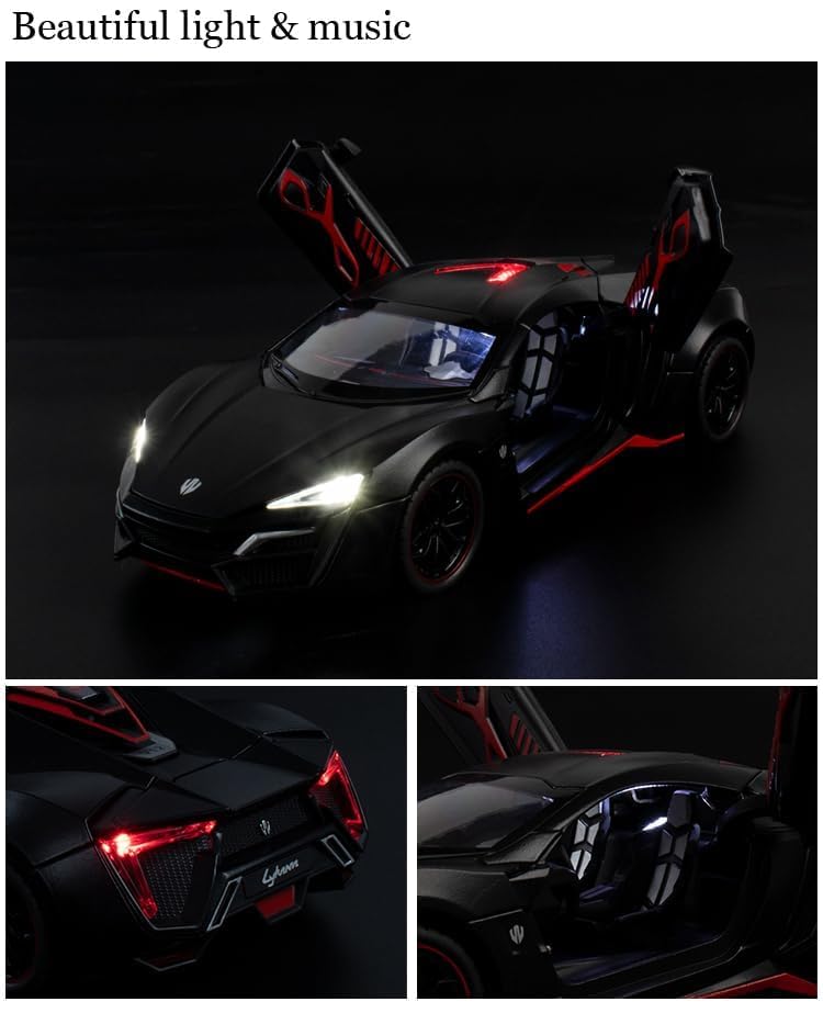 Image of Invite Enterprise Alloy Metal Pull Back Die-Cast Car 1:24 Big Lykan Hyper Sport Diecast Metal Pullback Toy Car With Openable Doors, Light Music Boys Gifts Toys For Kids(1:24 Laykan - Black)