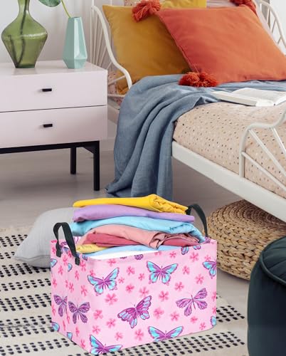 Image of Pink Butterfly Storage Basket Gift Laundry Bins Collapsible Storage Baskets Box Laundry Nursery Hamper for Home and Office Decoration with Handles