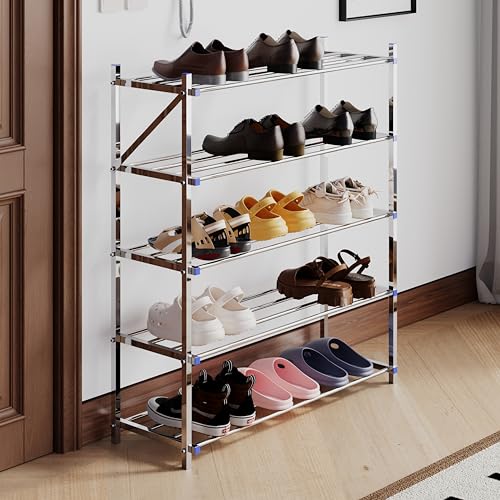 Image of LAPO 5 Step Foldable Stainless Steel Shoe Rack | Space-Saving Home Organizer for Shoes, Clothes, and Daily Essentials | Durable, Rust-Proof & Easy to Assemblen - (M-Z125,Chrome Finish)