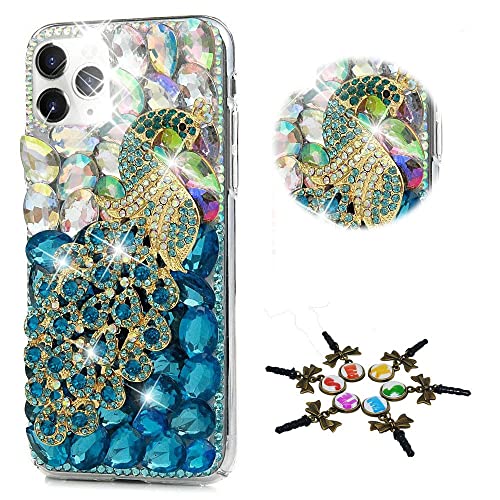 STENES Sparkle Case - Compatible with Samsung Galaxy S22 Plus - Stylish 3D Handmade Bling Peacock Rhinestone Crystal Diamond Design Cover - Blue