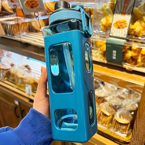 Image of LHOTSE FreeSip Cute Square Water Bottle for School with Straw & Leakproof Lid - Large Capacity Kawaii Bottle for Kids, Girls & Office Use (Blue)