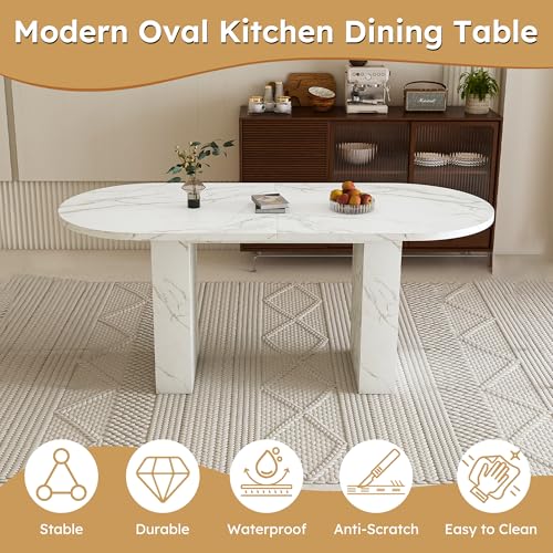 Image of 63 Inch Oval Dining Table for 6 to 4 People, White Oval Faux Marble Kitchen Table with Wood Strip Pedestal Base, Modern Dining Room Table for Kitchen Dinning Room Living Room Apartment Small Space