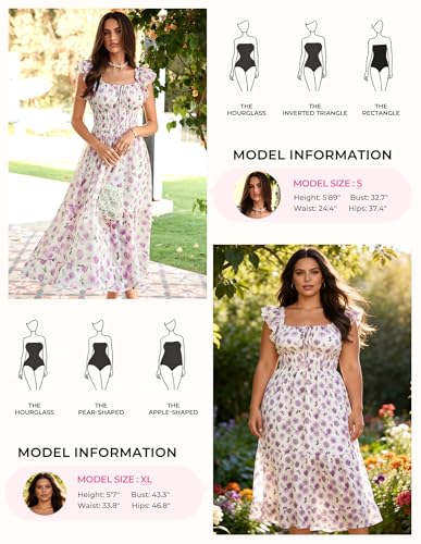 Image of GRACE KARIN 2026 Women's Spring Floral Midi Dress Square Neck Beach Wedding Guest Dresses Flowy A Line Casual Summer Clothes