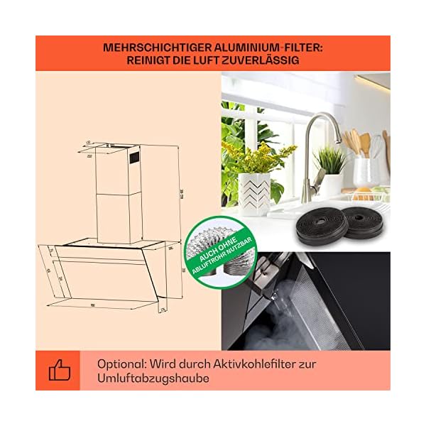 Klarstein Dunstabzugshaube 90 cm Umluft/Abluft, Schwarz mit Spühlmaschinenfestem Filter, Dunstabzug Schräg mit 514m³/h Luftstrom, Abzugshaube Breit, Wandhauben mit Wi-Fi & LEDs – Bild 6