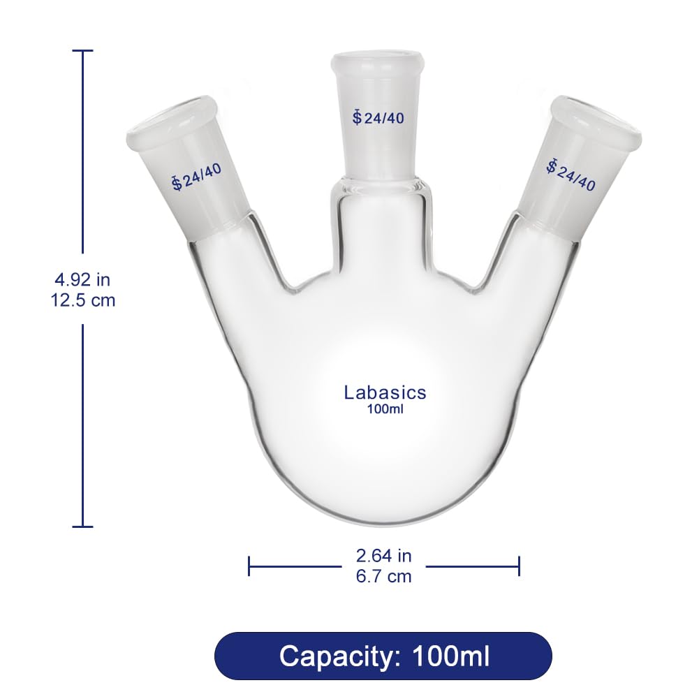 Labasics Glass 100ml 3 Neck Round Bottom Flask RBF, with 24/40 Center and Side Standard Taper Outer Joint, 100ml — Amazon image 4