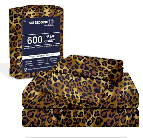 Image of SGI 108 inchx80 inch 4 Pc Short Alaskan King Sheet Set 600 TC 18 inch Leopard Print
