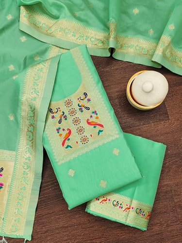 Image of DEVANGI Women's Banarasi Silk Unstitched Salwar Suit Dress Material With Dupatta