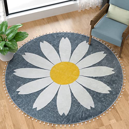 Image of NECHEGI 4Ft Round Rugs, Washable Non-Slip Round Area Rug Throw with Cute Pom Pom Fringe Soft Round Nursery Bathroom Circle Rug for Bedroom Living Dorm Kids Room