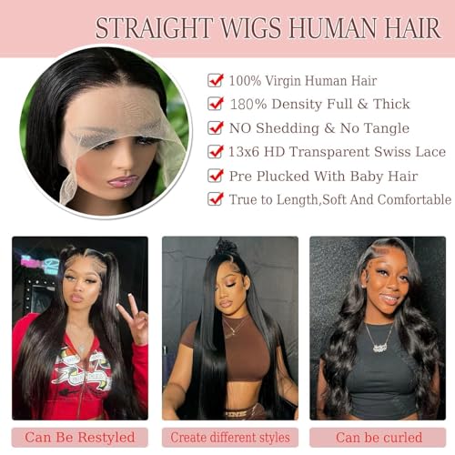 Image of LETMIEO 28 Inch 13x6 Lace Front Wigs Human Hair Straight Wigs Human Hair 13x6 Real 100% Virgin Hair 180 Density HD Transparent Lace Frontal Wigs for Women Glueless Wigs Human Hair Natural Color